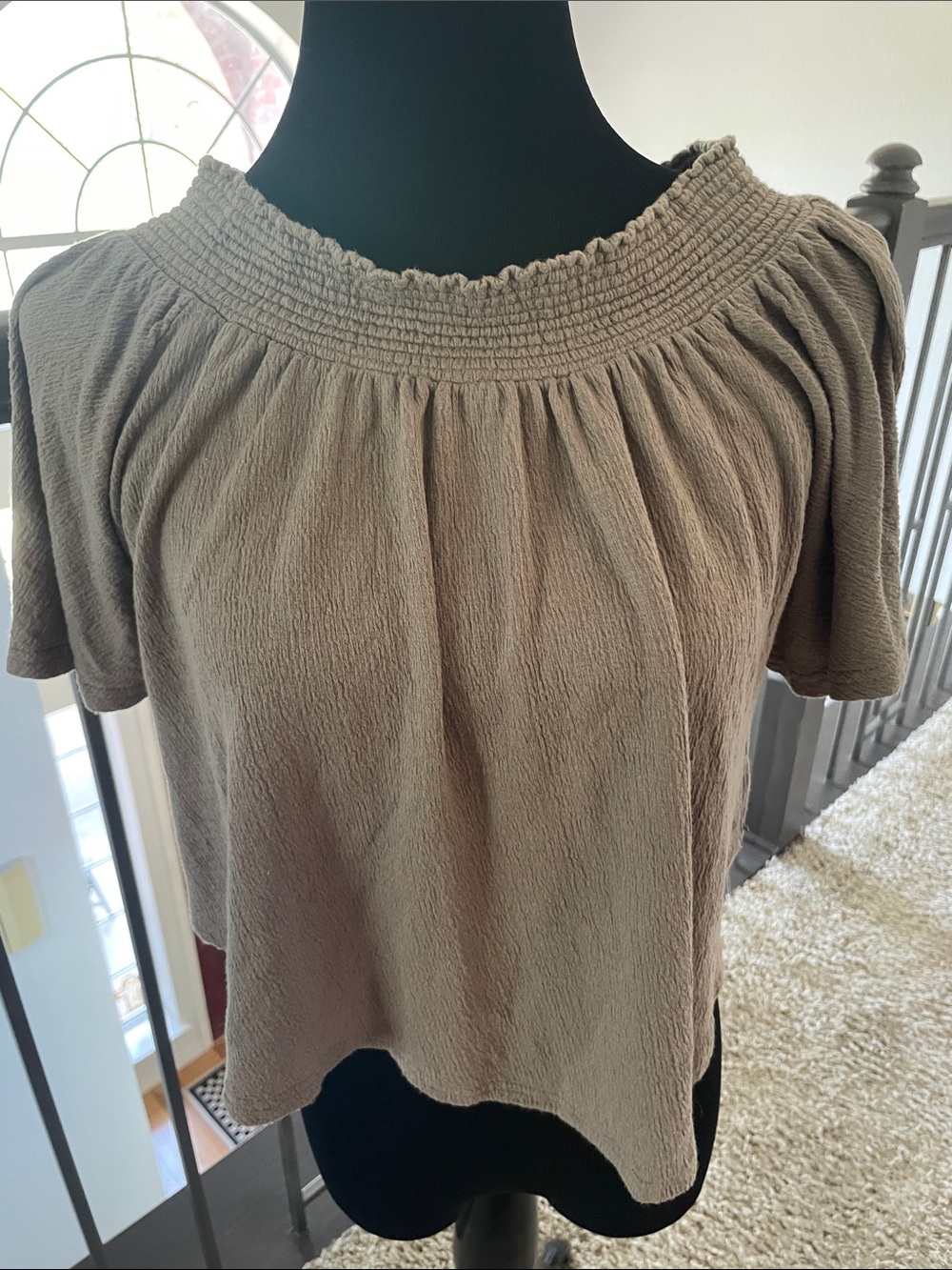 O'Neill Taupe Smocked Neck Short Sleeve Blouse